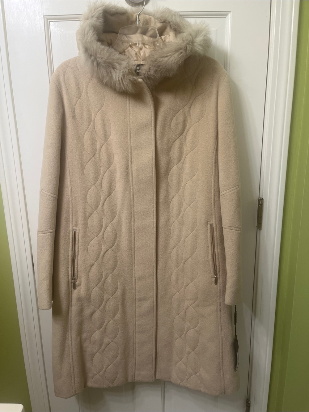 Hilary Radley Cream Hooded Wool Trench Coat with Faux-Fur Trim